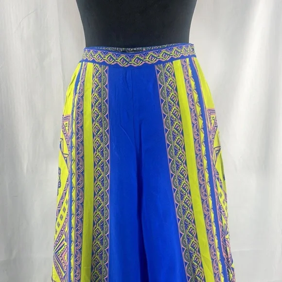 Royal Blue, Neon yellow multi colored, boho, wide leg high rise pants, Small - Picture 3 of 5